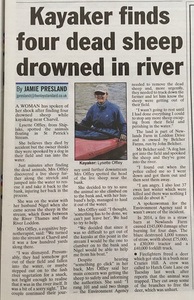 Not waving but drowning - photo of Lysette Offley after saving the sheep from drowning